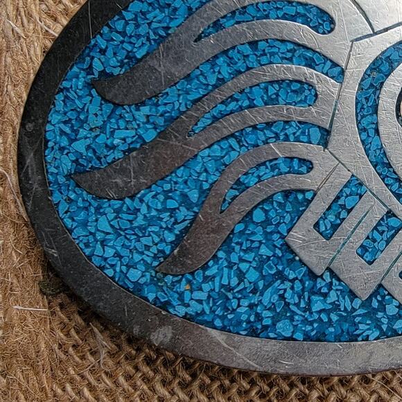 Vintage Alpaca Mexico Belt Buckle Blue Inlay Native Chief 3.5x2.5 - Picture 5 of 5